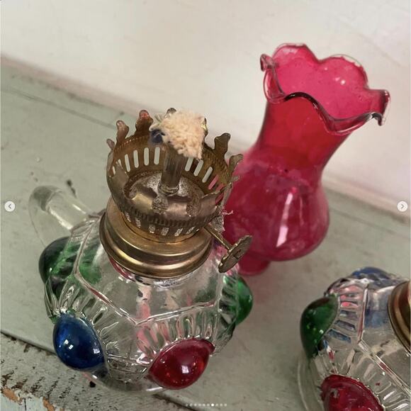 Vintage Glass Oil Lamp Handheld Mini Faceted Bottom Red Top Hong Kong PAIR - Picture 7 of 10